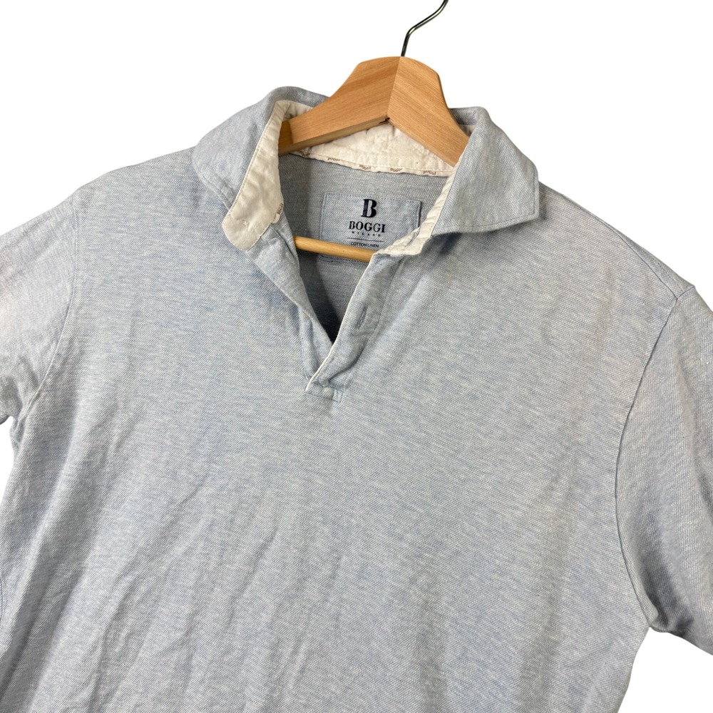 Boggi Milano Mens Light Blue Cotton Linen Short Sleeve Rugby Polo Shirt Size L